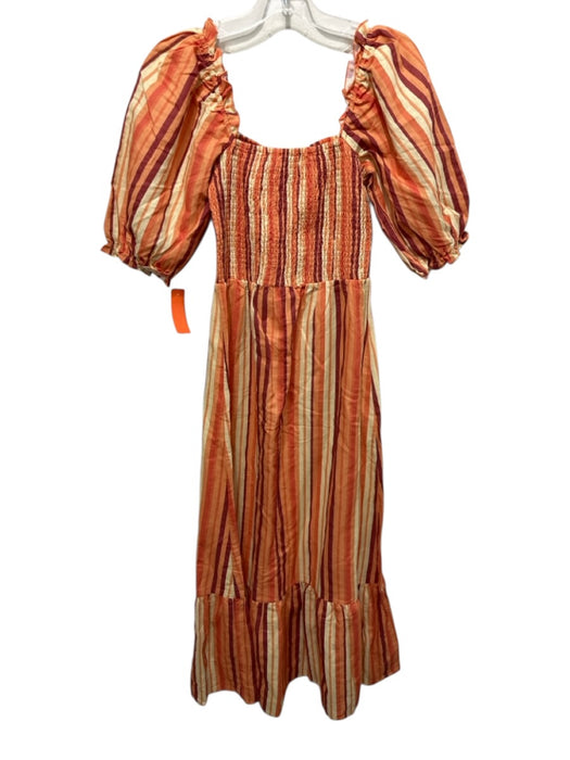 Charlie Holiday Size 6 Orange Linen & Cotton Stripe Smocked Bodice Midi Dress Orange / 6