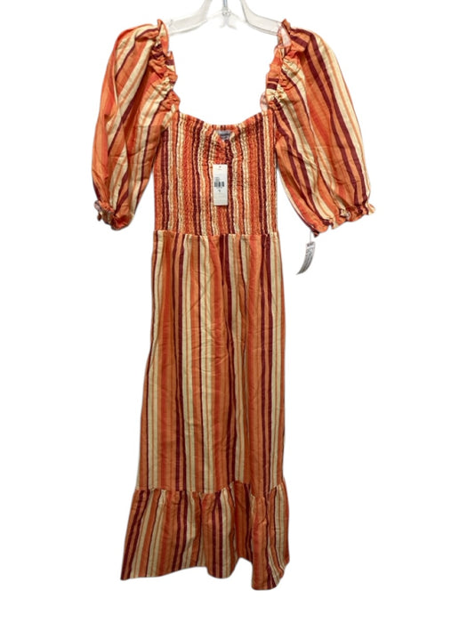 Charlie Holiday Size 6 Orange Linen & Cotton Stripe Smocked Bodice Midi Dress Orange / 6