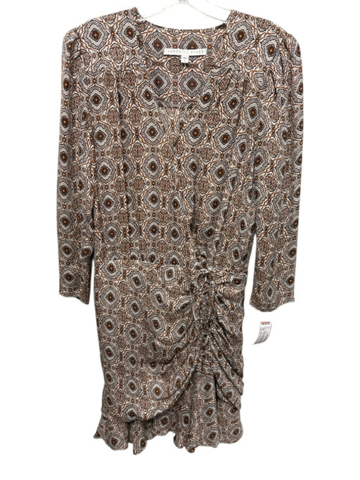 Veronica Beard Size 6 Beige, Brown, Orange Silk Surplice Ruched Mini Dress Beige, Brown, Orange / 6