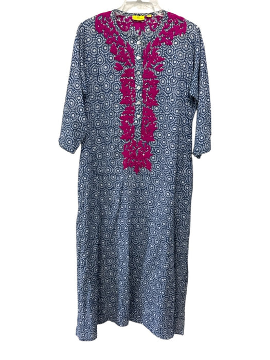 Roberta Roller Rabbit Size S Blue, Fuchsia & White Cotton Long Sleeve Maxi Dress Blue, Fuchsia & White / S