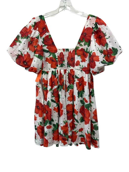 Maeve Size XS White, Red & Green Cotton Short Puff Sleeve Floral Smock Top Dress White, Red & Green / XS