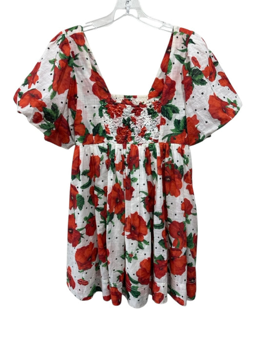 Maeve Size XS White, Red & Green Cotton Short Puff Sleeve Floral Smock Top Dress White, Red & Green / XS