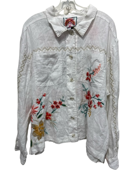 Johnny Was Size XL White, Orange & Multi Print Linen Long Sleeve Top White, Orange & Multi Print / XL
