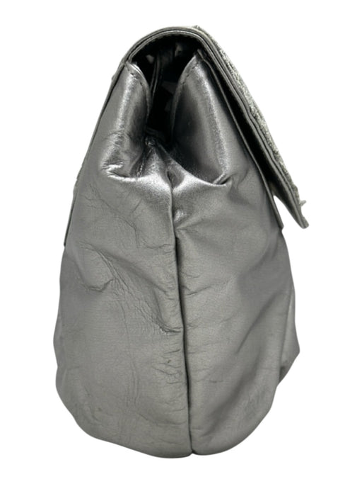 Stuart Weitzman Silver Leather Embroidered Rounded Rhinestone Design Bag Silver / Small
