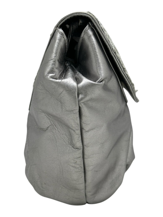 Stuart Weitzman Silver Leather Embroidered Rounded Rhinestone Design Bag Silver / Small