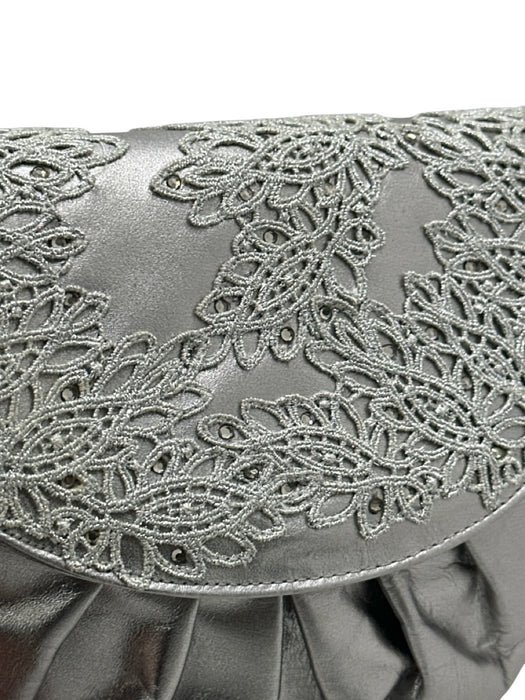 Stuart Weitzman Silver Leather Embroidered Rounded Rhinestone Design Bag Silver / Small