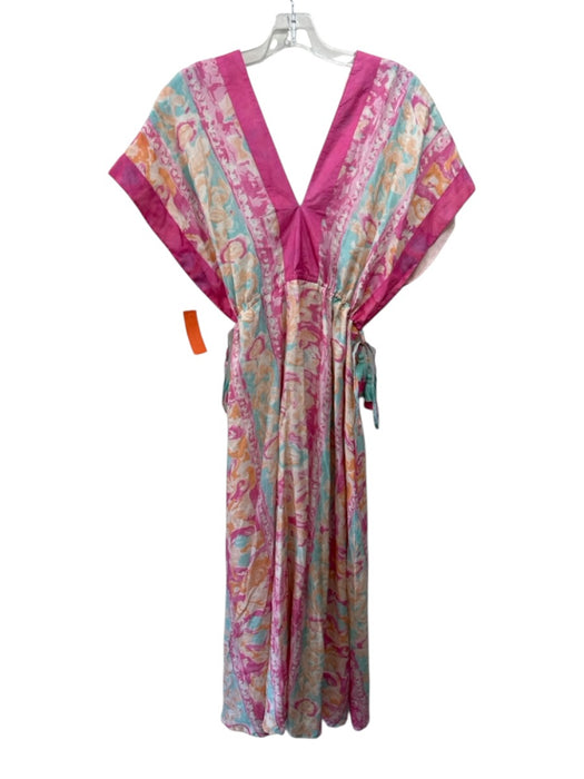 Bella Tu Size S Pink, Aqua & Multi Print Viscose Cap Sleeve Double V neck Dress Pink, Aqua & Multi Print / S