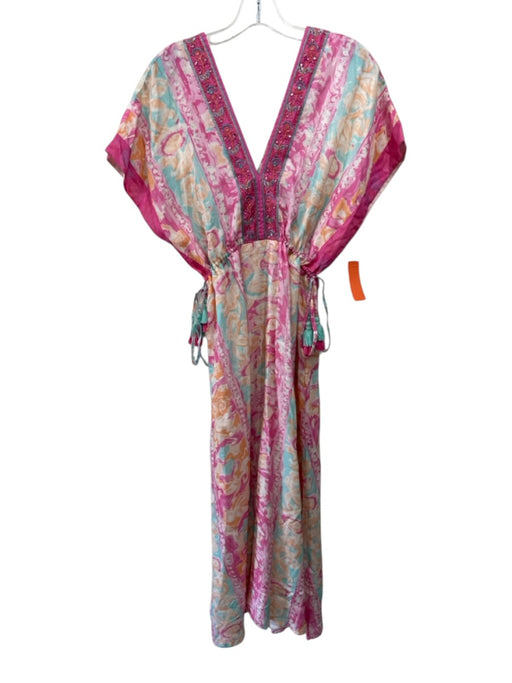Bella Tu Size S Pink, Aqua & Multi Print Viscose Cap Sleeve Double V neck Dress Pink, Aqua & Multi Print / S