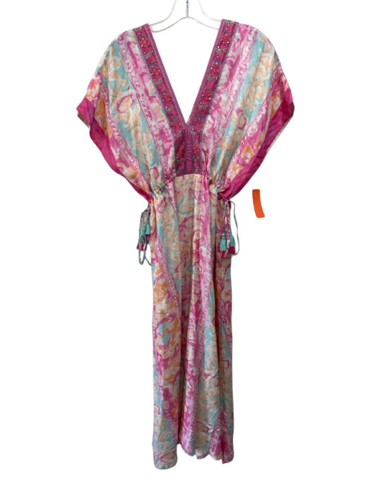 Bella Tu Size S Pink, Aqua & Multi Print Viscose Cap Sleeve Double V neck Dress Pink, Aqua & Multi Print / S