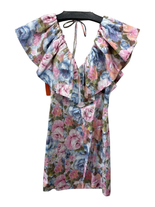 & Other Stories Size 6 Pink, Blue & Multi Tencel Blend Wide V Neck Floral Dress Pink, Blue & Multi / 6