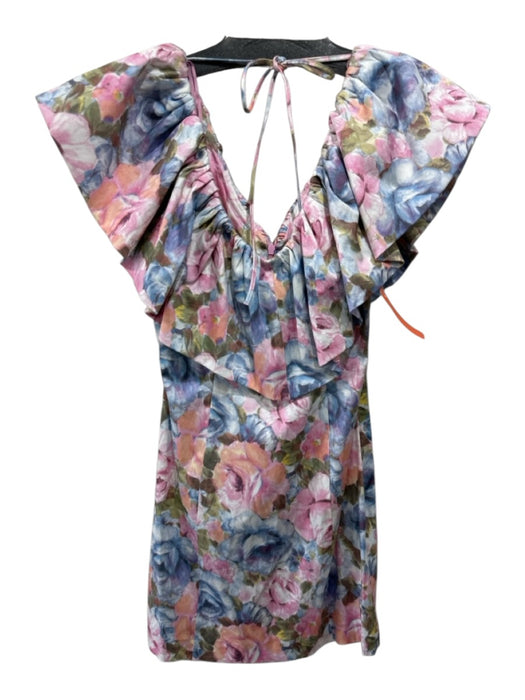 & Other Stories Size 6 Pink, Blue & Multi Tencel Blend Wide V Neck Floral Dress Pink, Blue & Multi / 6