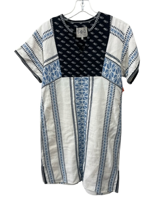 Sea New York Size 2 Blue, Black & White Cotton & Linen Short Sleeve V Neck Dress Blue, Black & White / 2
