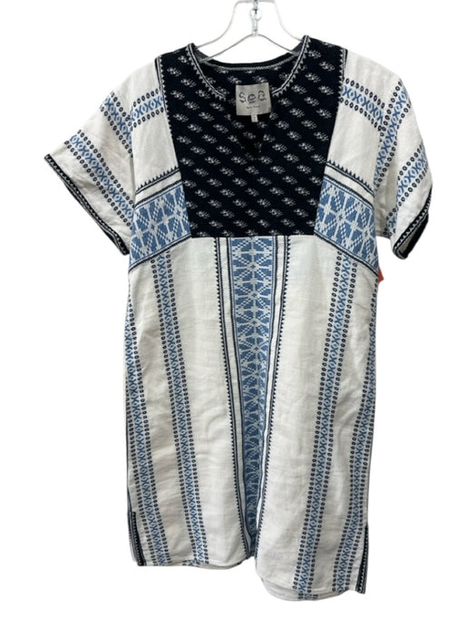 Sea New York Size 2 Blue, Black & White Cotton & Linen Short Sleeve V Neck Dress Blue, Black & White / 2