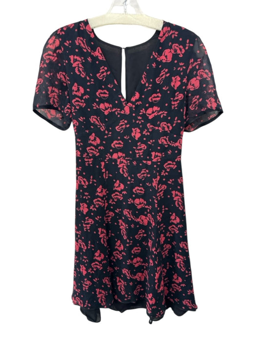 All Saints Size 4 Black & Red Viscose Chiffon Overlay Short Sleeve Floral Dress Black & Red / 4