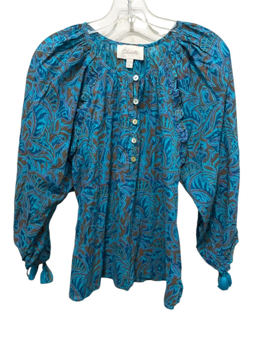 Cleobella Size M Blue, Brown, Purple Cotton Quarter Button Long Sleeve Top Blue, Brown, Purple / M