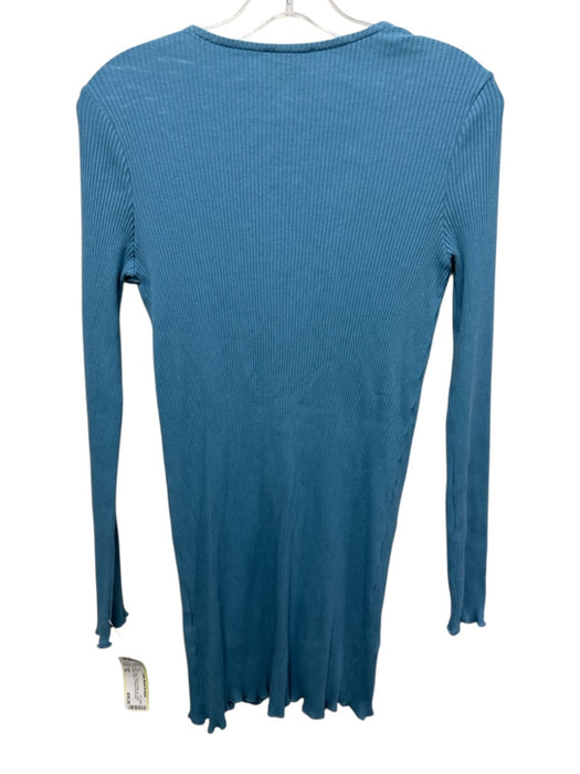 SABO Size XS Blue Cotton Ribbed Button Up Long Sleeve Deep V Dress Blue / XS