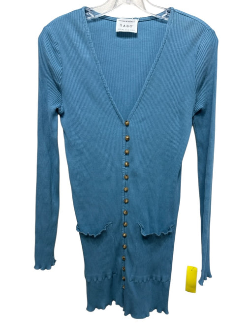 SABO Size XS Blue Cotton Ribbed Button Up Long Sleeve Deep V Dress Blue / XS