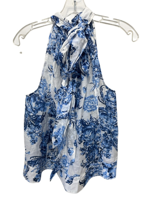 5a7 Cinq a Sept Size M White & Blue Cotton & Silk Abstract Floral Sleeveless Top White & Blue / M