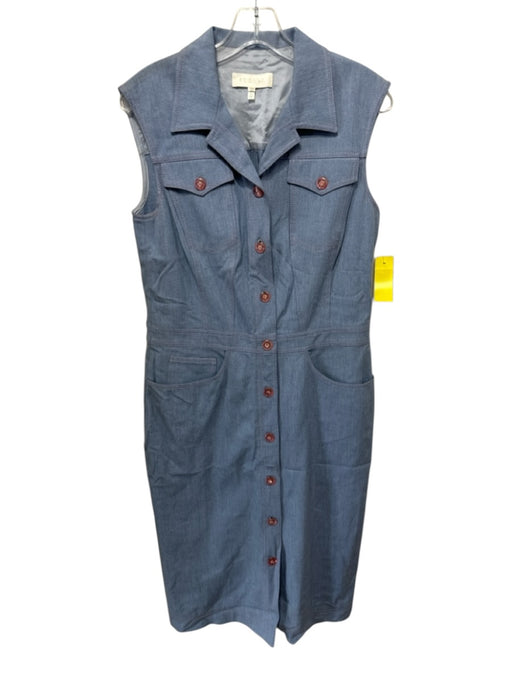 Escada Size 40 Blue Cotton Button Up Contrast Stitch Sleeveless Pockets Dress Blue / 40