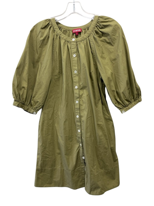 Staud Size S Olive Green Cotton Blend Button Down Gathered Shift Dress Olive Green / S
