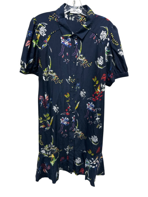 Tanya Taylor Size XL navy blue & multi Silk Abstract Floral Short Sleeve Dress navy blue & multi / XL