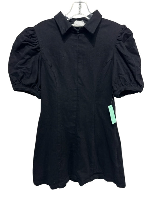 Hyacinth House Size M Black Cotton Blend Denim Short Puff Sleeve Collar Dress Black / M