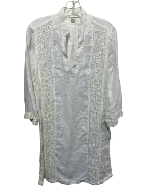 120% Lino Size M White Linen Sequin Embroidered stand collar 3/4 Sleeve Dress White / M
