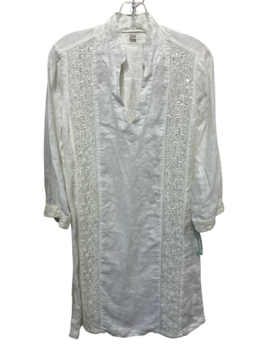120% Lino Size M White Linen Sequin Embroidered stand collar 3/4 Sleeve Dress White / M