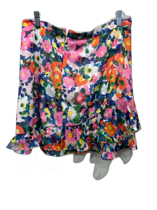 Saloni Size 10 Pink & Multi Polyester Flocked Detail Floral Ruffle Hem Skirt Pink & Multi / 10