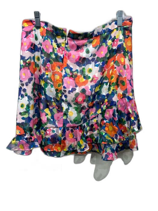 Saloni Size 10 Pink & Multi Polyester Flocked Detail Floral Ruffle Hem Skirt Pink & Multi / 10