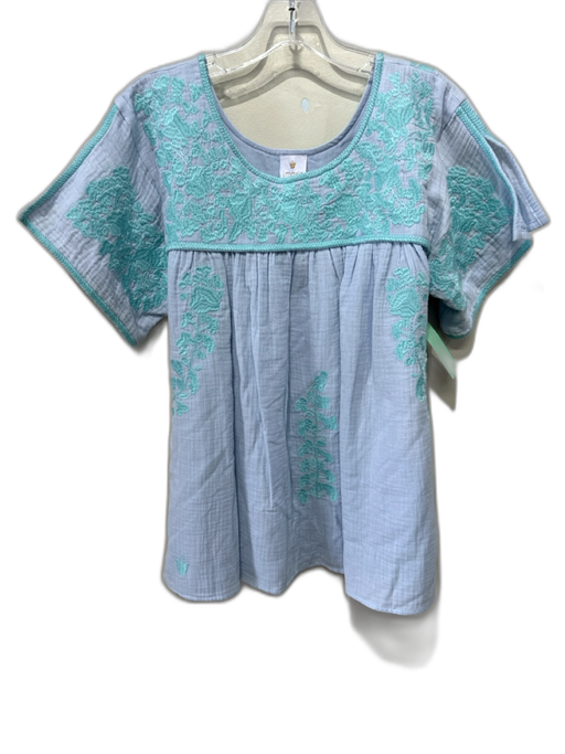 J. Marie Size S Blue & Aqua Cotton Embroidered Flowers Short Sleeve A line Top Blue & Aqua / S