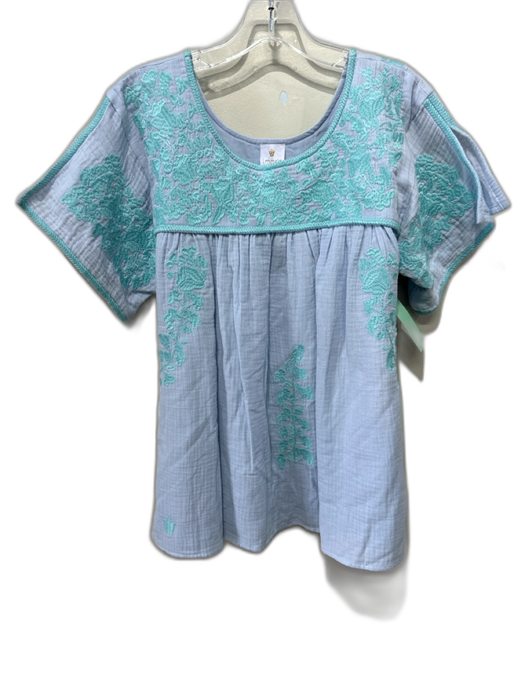 J. Marie Size S Blue & Aqua Cotton Embroidered Flowers Short Sleeve A line Top Blue & Aqua / S