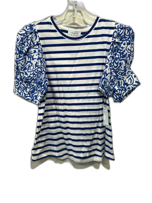 Tanya Taylor Size XS Blue & White Cotton stripe & abstract Short Puff Sleeve Top Blue & White / XS