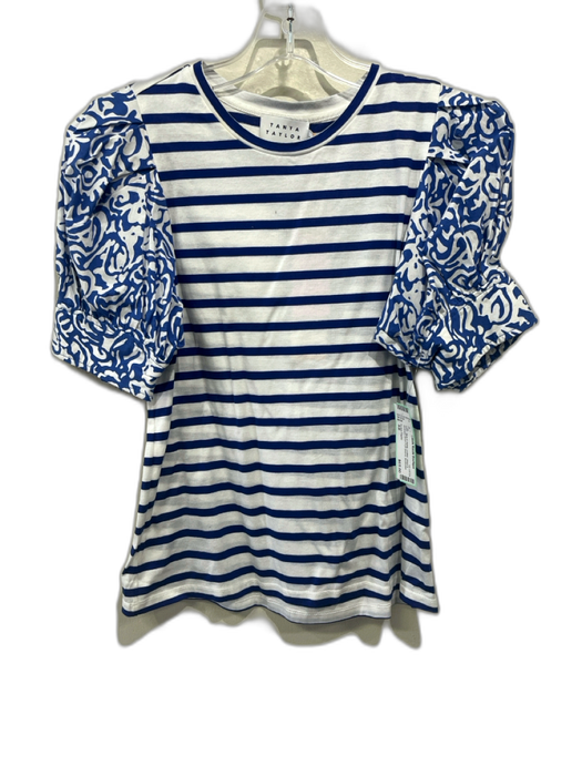 Tanya Taylor Size XS Blue & White Cotton stripe & abstract Short Puff Sleeve Top Blue & White / XS