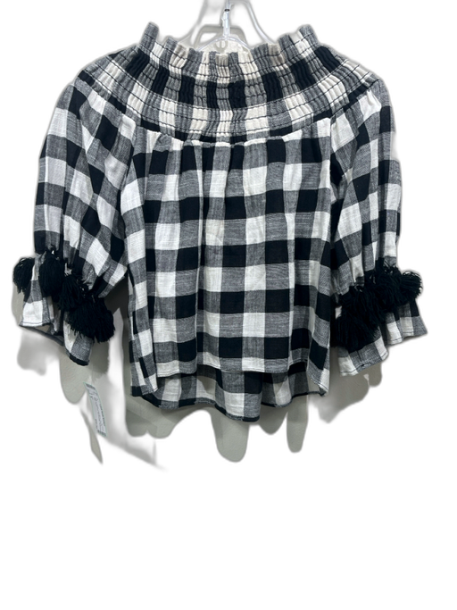Misa Size S Black & Cream Linen Blend Shirred Plaid Tassel Trim Off Shoulder Top Black & Cream / S