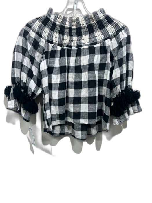 Misa Size S Black & Cream Linen Blend Shirred Plaid Tassel Trim Off Shoulder Top Black & Cream / S