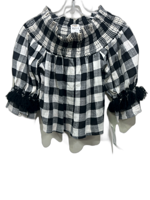 Misa Size S Black & Cream Linen Blend Shirred Plaid Tassel Trim Off Shoulder Top Black & Cream / S