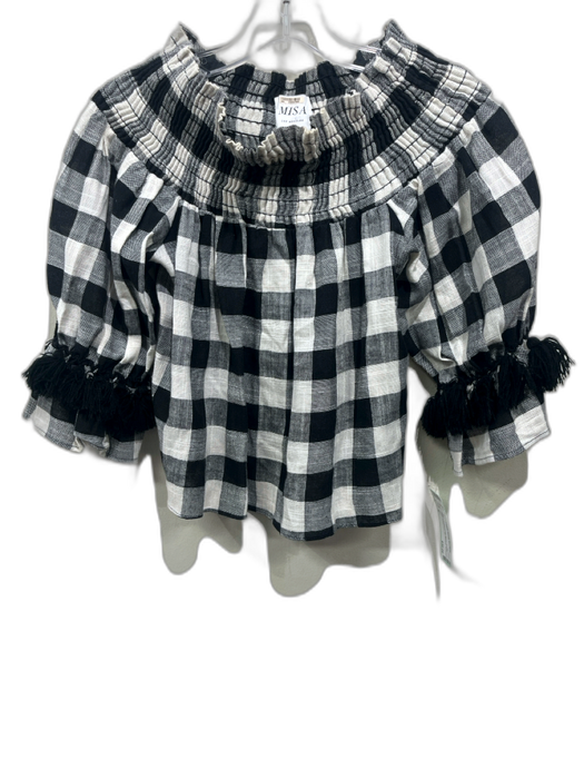 Misa Size S Black & Cream Linen Blend Shirred Plaid Tassel Trim Off Shoulder Top Black & Cream / S