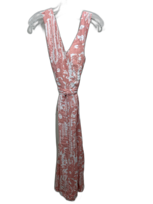 120% Lino Size 44 Peach Pink & white Linen Abstract Button Down Midi Dress Peach Pink & white / 44