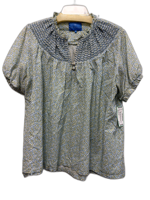 Alice Walk Size L White, Green & Blue Cotton Short Balloon Sleeve V Neck Top White, Green & Blue / L