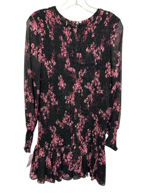 Misa Size M Black & Pink Polyester Long puff sleeve Floral Print Smocked Dress Black & Pink / M