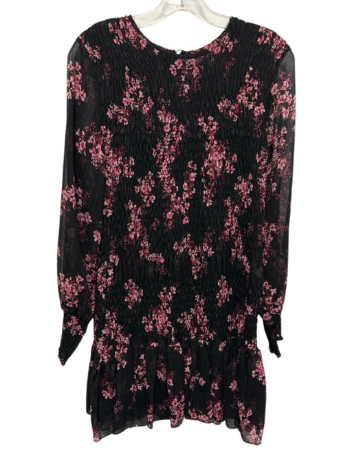 Misa Size M Black & Pink Polyester Long puff sleeve Floral Print Smocked Dress Black & Pink / M