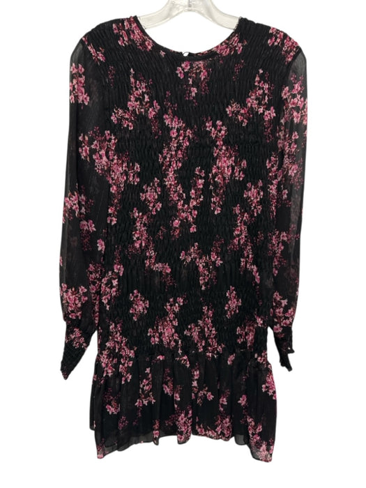 Misa Size M Black & Pink Polyester Long puff sleeve Floral Print Smocked Dress Black & Pink / M