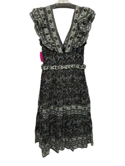 Sea New York Size 4 Black, Green, Multi Cotton Ruffle Cap Sleeve V Neck Dress Black, Green, Multi / 4