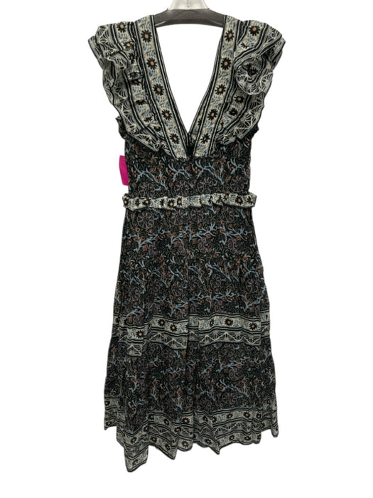 Sea New York Size 4 Black, Green, Multi Cotton Ruffle Cap Sleeve V Neck Dress Black, Green, Multi / 4