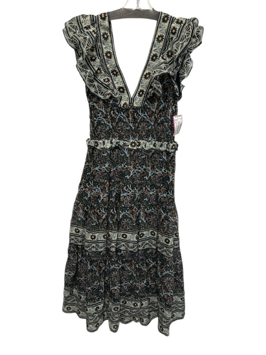 Sea New York Size 4 Black, Green, Multi Cotton Ruffle Cap Sleeve V Neck Dress Black, Green, Multi / 4