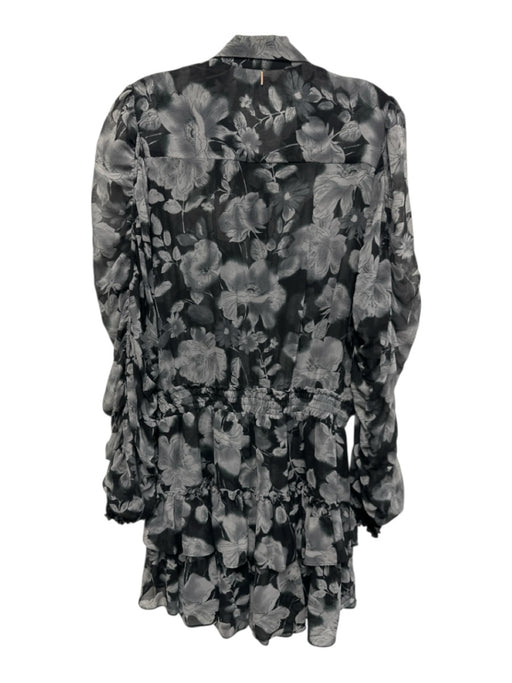 Misa Size L Black & Gray Viscose Long puff sleeve Floral Print Sheer Mini Dress Black & Gray / L