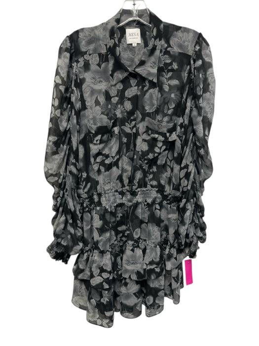 Misa Size L Black & Gray Viscose Long puff sleeve Floral Print Sheer Mini Dress Black & Gray / L