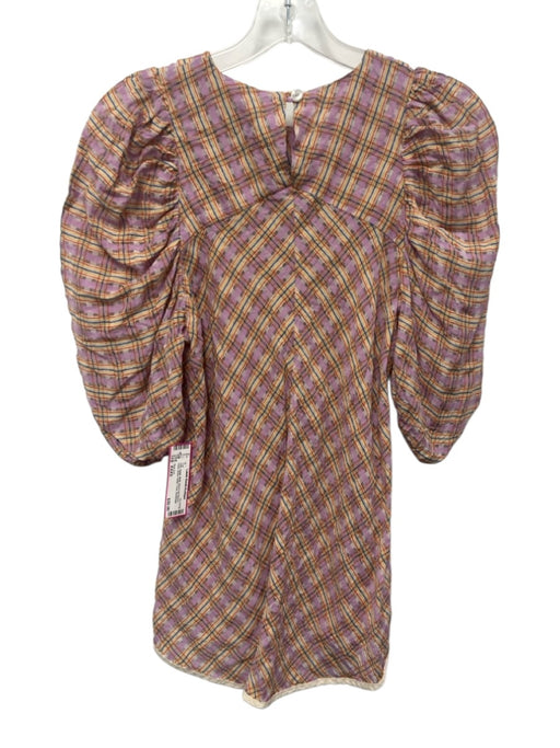 Tish Cox Size XXXS Pink, Beige, Multi Short Puff Sleeve Plaid Sheer Detail Top Pink, Beige, Multi / XXXS