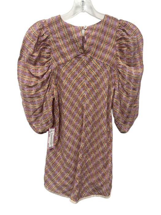 Tish Cox Size XXXS Pink, Beige, Multi Short Puff Sleeve Plaid Sheer Detail Top Pink, Beige, Multi / XXXS